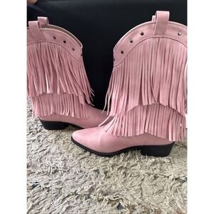 Rollda Girls Pink Fringe Cowgirl Boots Western Pull-On Youth Size 4
